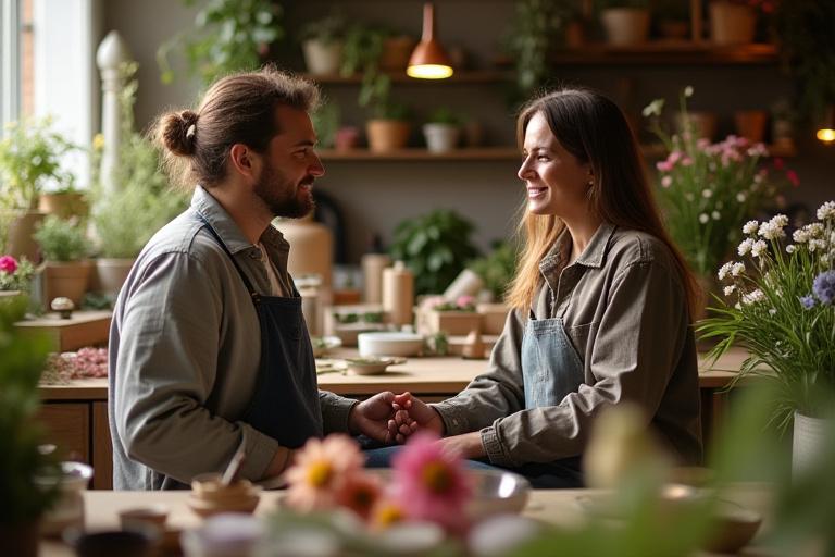 A Szirmok Szövetsége alapítói egy hangulatos, virágokkal teli műhelyben beszélgetnek.