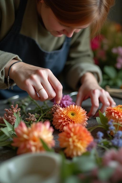 Egy virágkötő munka közben, amint precízen elhelyez egy virágot egy kompozícióban.