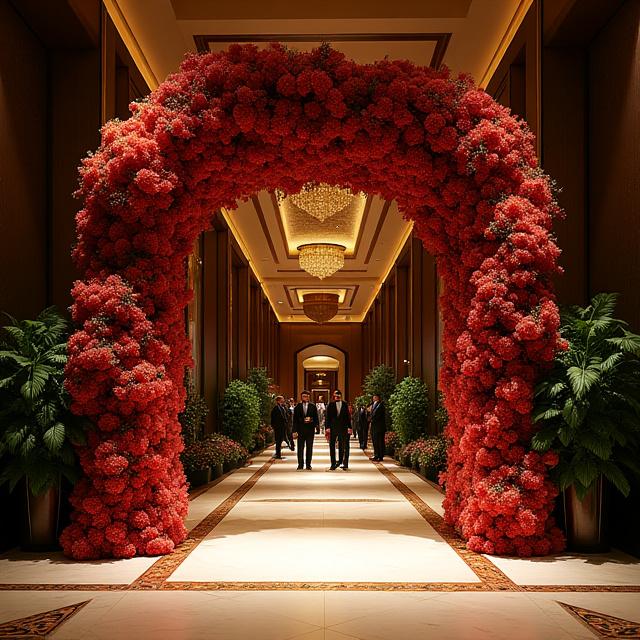 Elegáns céges rendezvény virágokkal díszített bejárata.